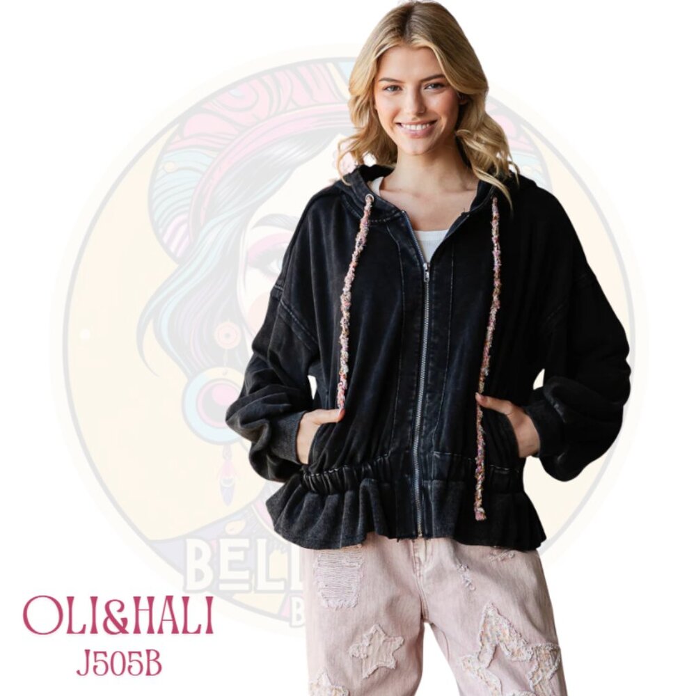 J505B OLI & HALI Black Soft Washed Zip Oversized Hoodie Jacket